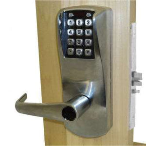 Kaba chrome keypad lock on wood door