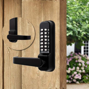 Codelocks black keyless keypad lever lock on wood gate door