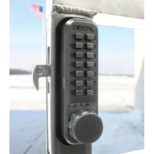 Lockey keyless lock on metal gate with hook bolt