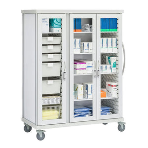 Medical supply cart with vertical cabinet lock installed